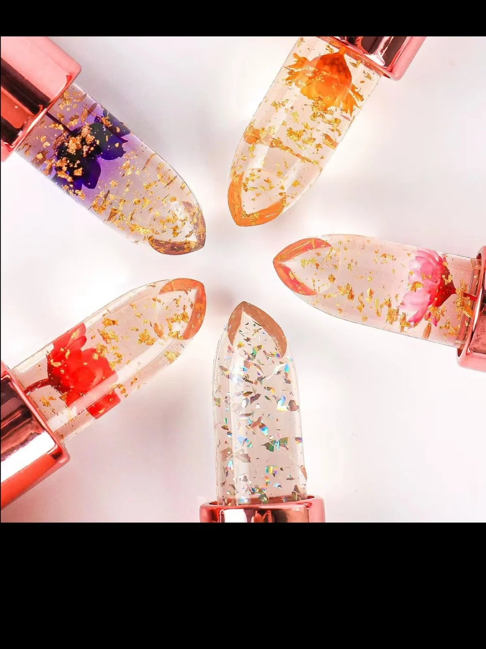 Sheer Jelly Crystal Lip Balm - Rose Gold Case, Clear Glitter Shades